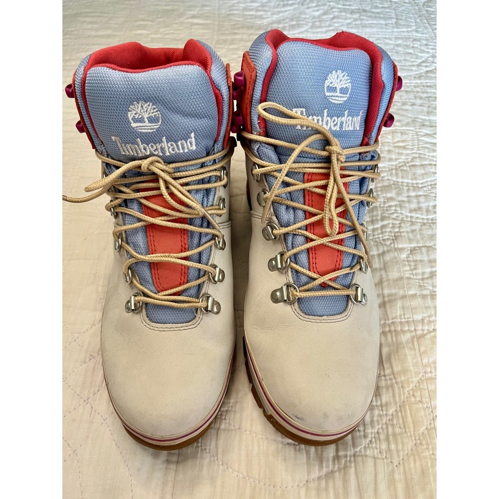 Timberland Euro Hiker Leather Waterproof Boots White Coral Blue A61PY Womens 10